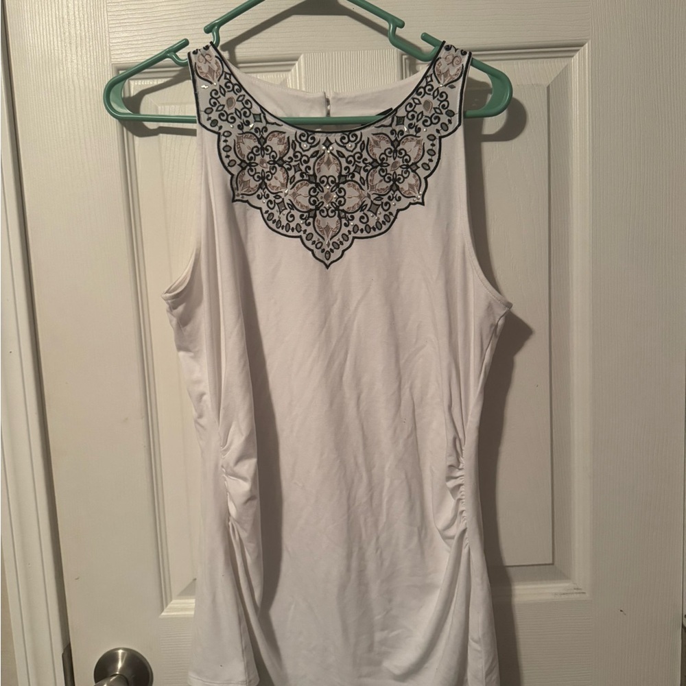 White House Black Market Cream Ruched Embellished Tank Top